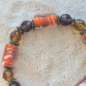 Orange Floral Beaded Stretch Bracelet